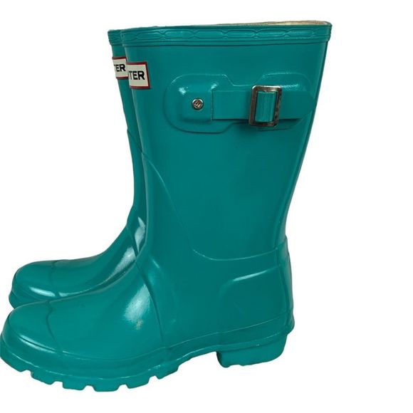 Hunter Womens Rain Boots Blue Round Toe Buckle Platform Heel Pull On 5 M - Picture 4 of 12